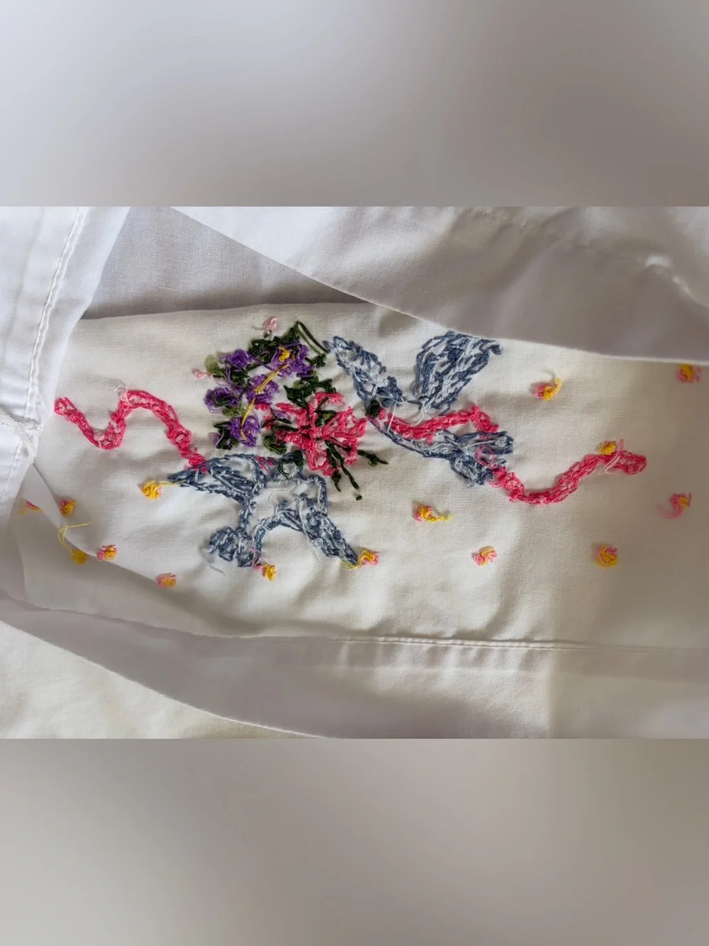 Bucilla White Pillowcases with Pink Ribbon & Multicolor Floral Embroidery - pair